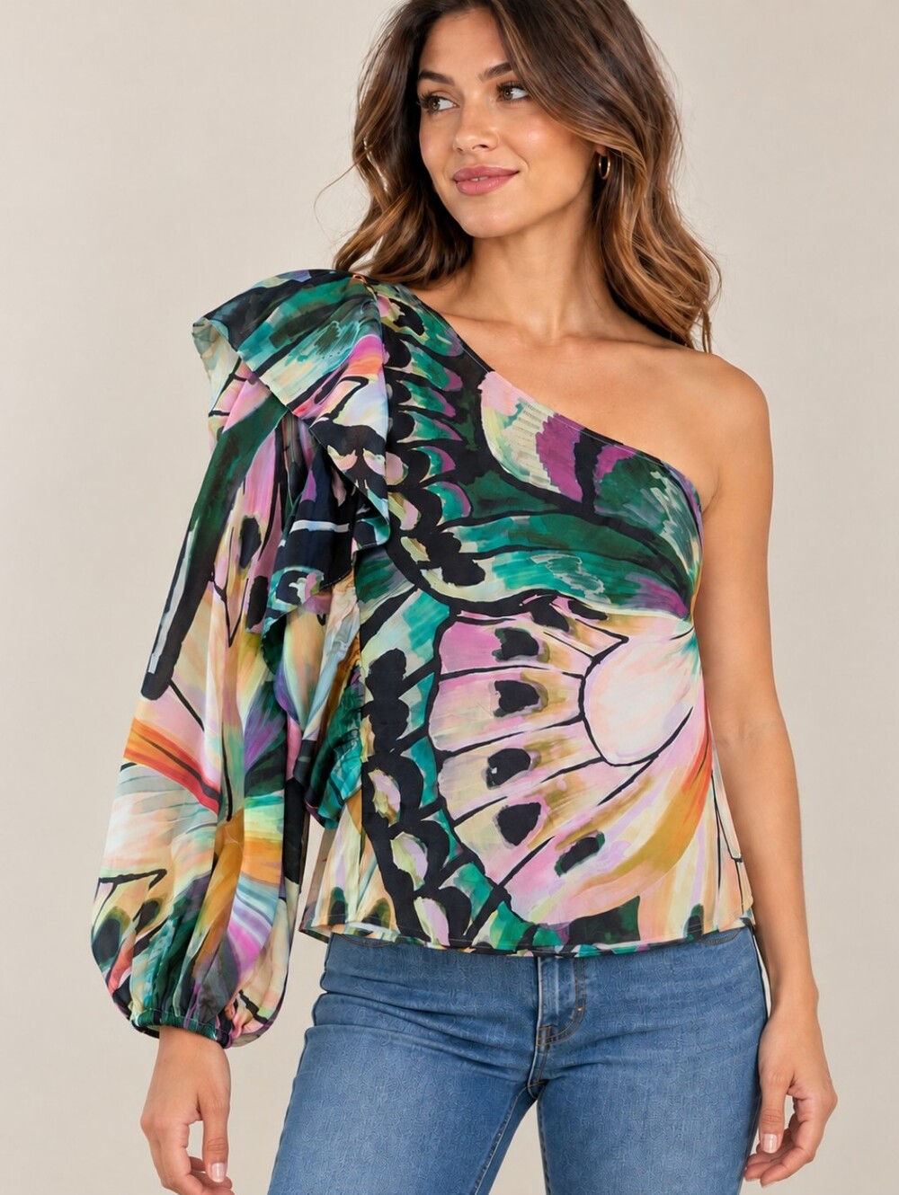 NWT FARM Rio x Anthropologie Colorful Printed One-Shoulder Blouse